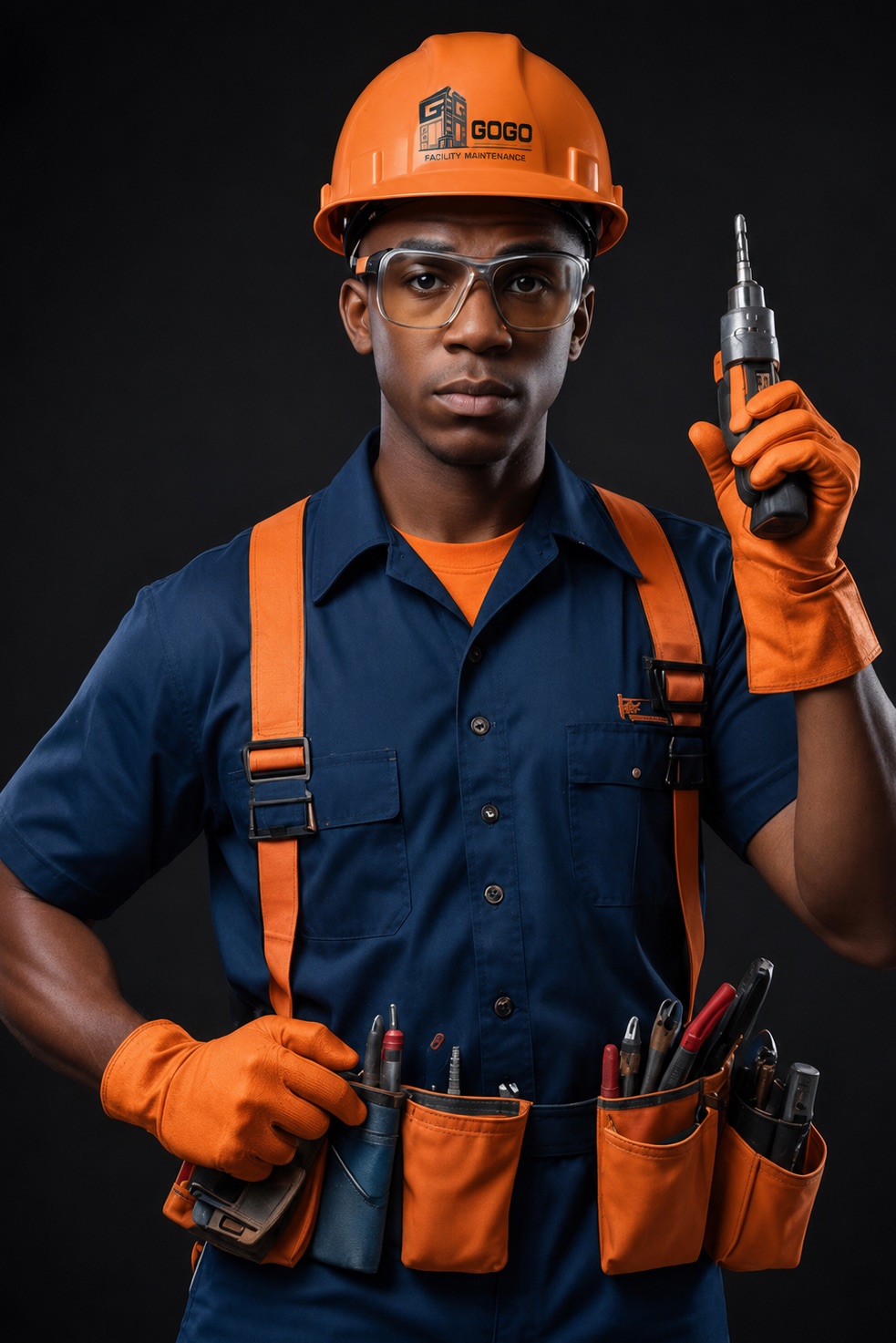 GOGO Facility Maintenance technician in a branded hard hat holding a power tool and tool belt