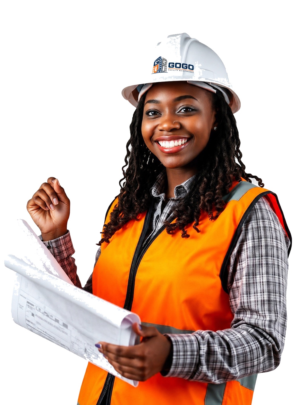 GOGO Facility Maintenance worker in a branded hard hat holding site plans