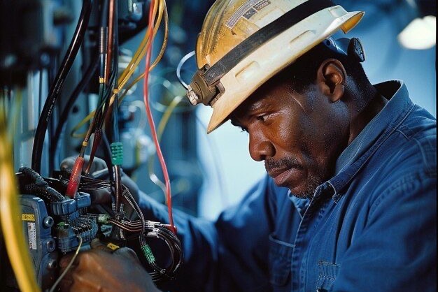 Electrician in a hard hat wiring a commercial electrical panel