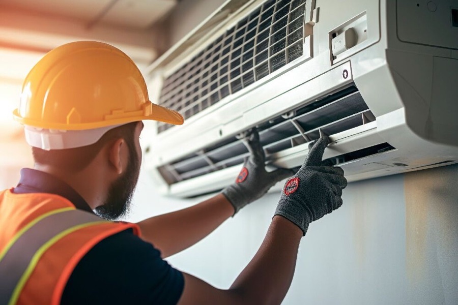HVAC technician in a hard hat and safety vest servicing a wall-mounted air conditioning unit