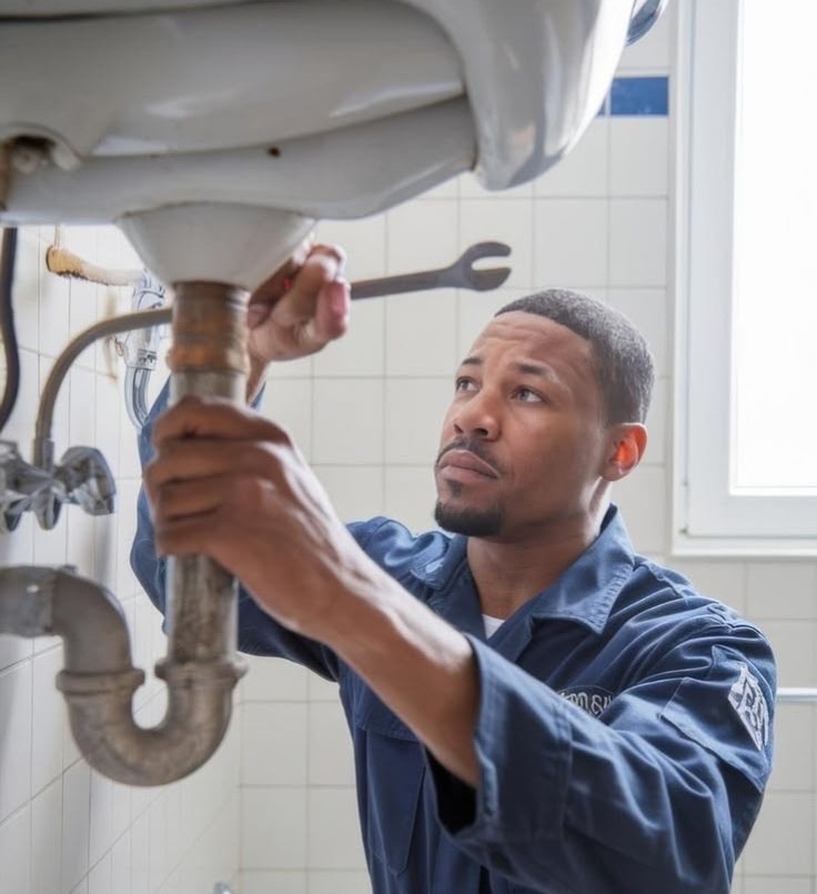 Plumber using a wrench on the drain trap beneath a sink