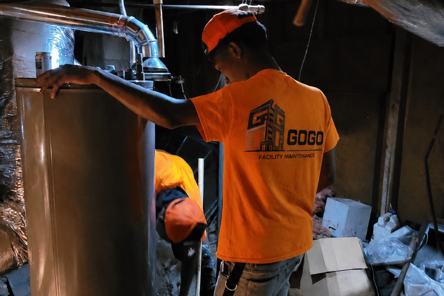 GOGO Facility Maintenance technician inspecting a commercial water heater in a mechanical room