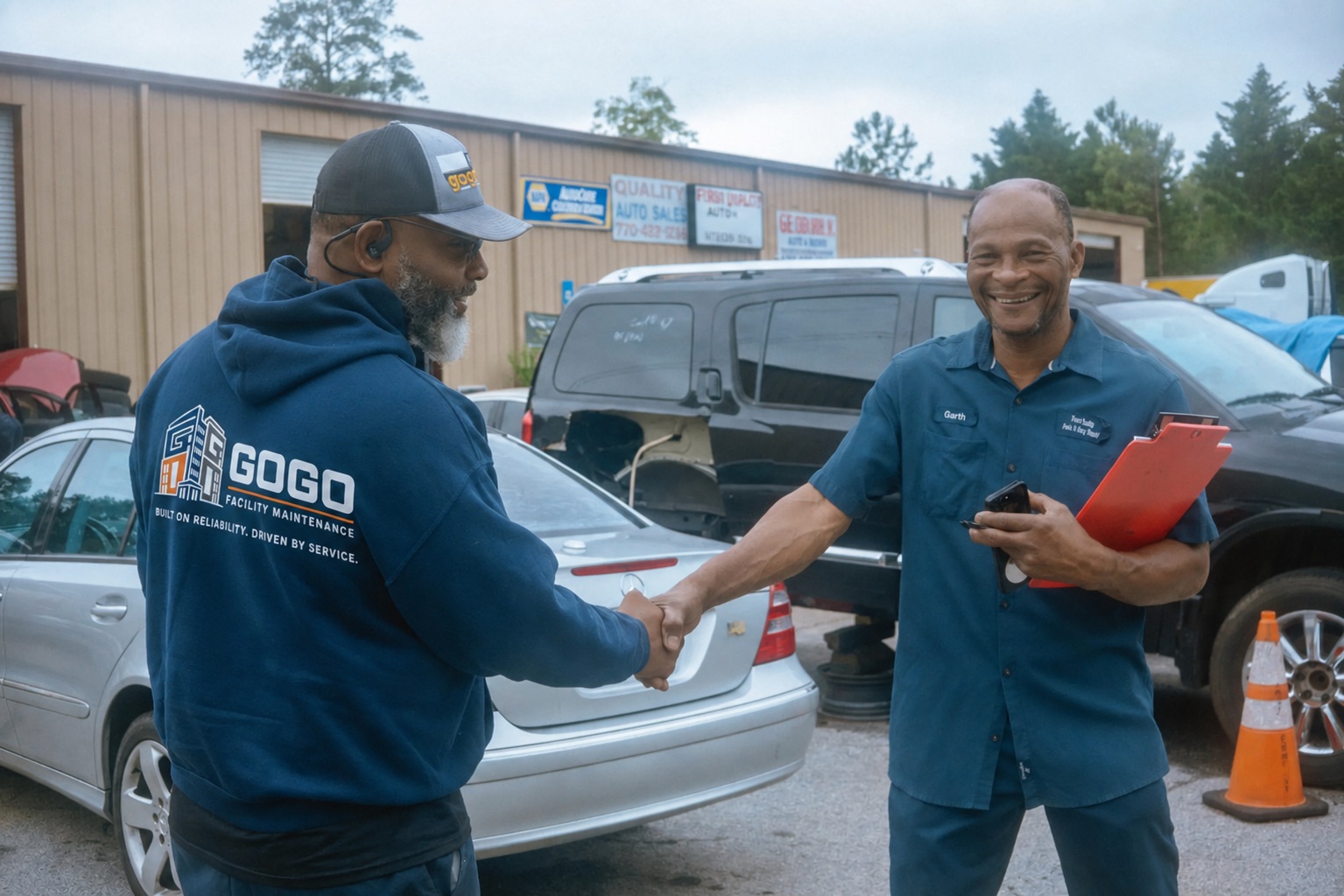 Two GOGO Facility Maintenance team members shaking hands on a commercial job site